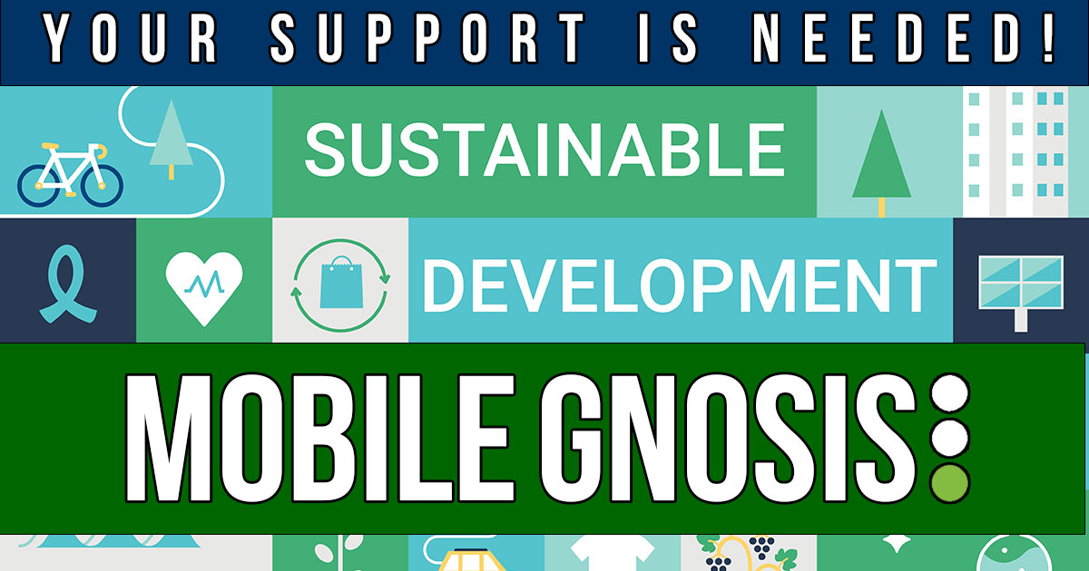 A grid graphic that includes different sustainability concepts from biking to smart city development. Plus, it says that, "Your support is needed" for sustainable development. Lastly, a big block includes the Mobile Gnosis logo. .  