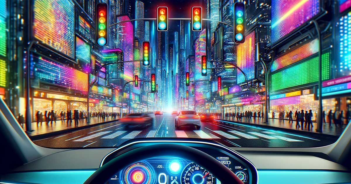 Graphic showing fourth white light traffic signal in futuristic night city scene. 