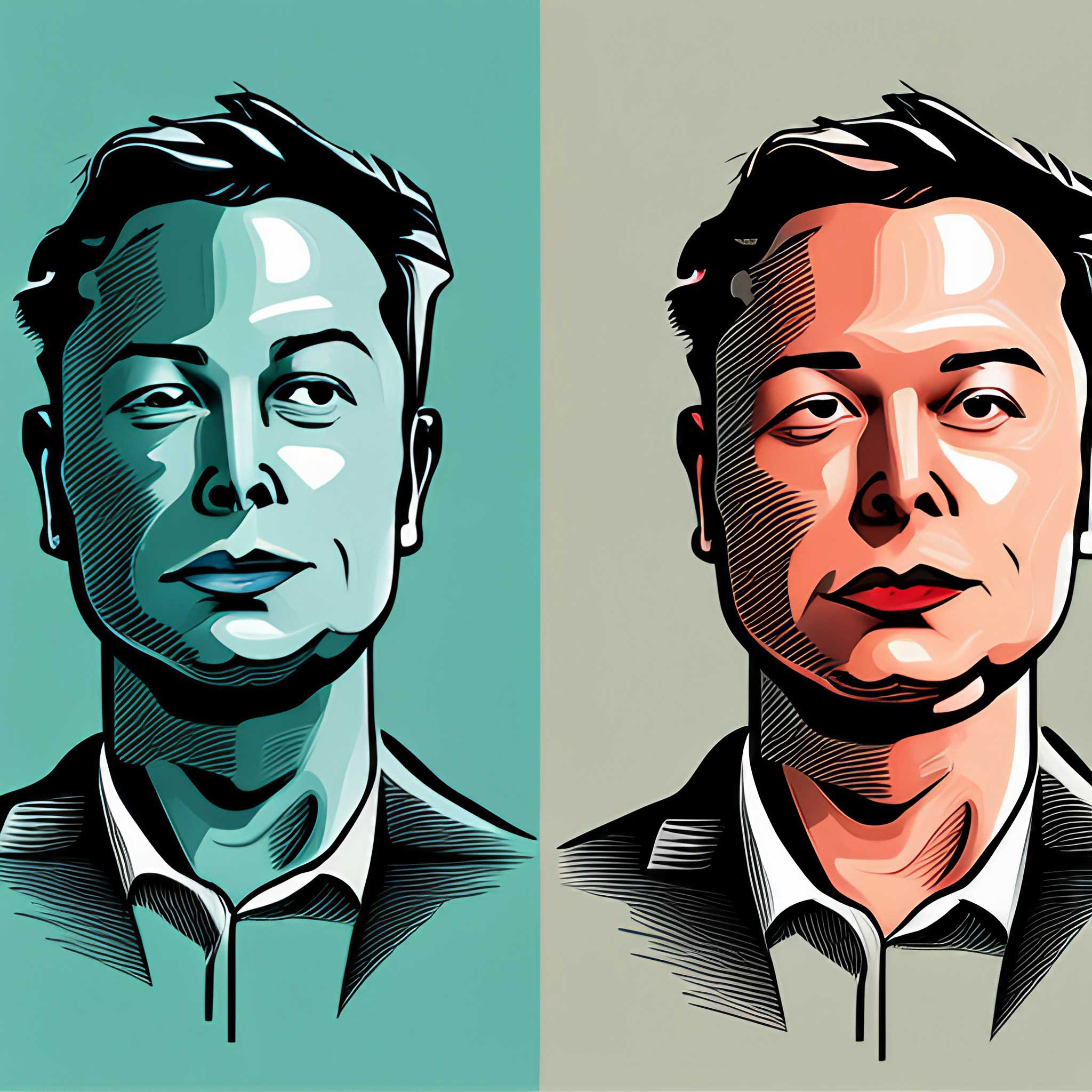Stylized Elon Musk Duality Graphic: Dark and Light Contrast.
