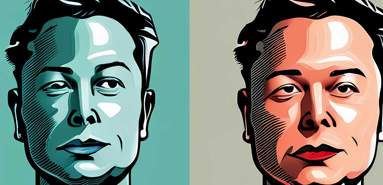 Stylized Elon Musk Duality Graphic: Dark and Light Contrast.